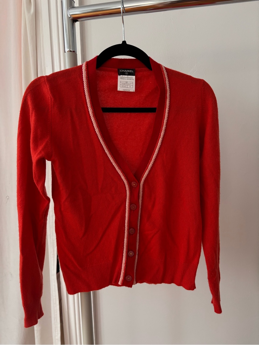 CHANEL orange and red V-Neck Button Cardigan with White Trim